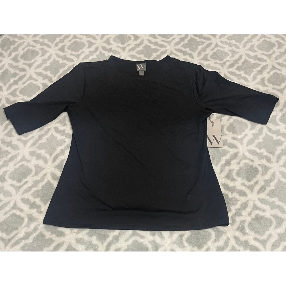 Worthington Womens Black Elbow Sleeve Crew Neck Stretch Top Size L New With Tags